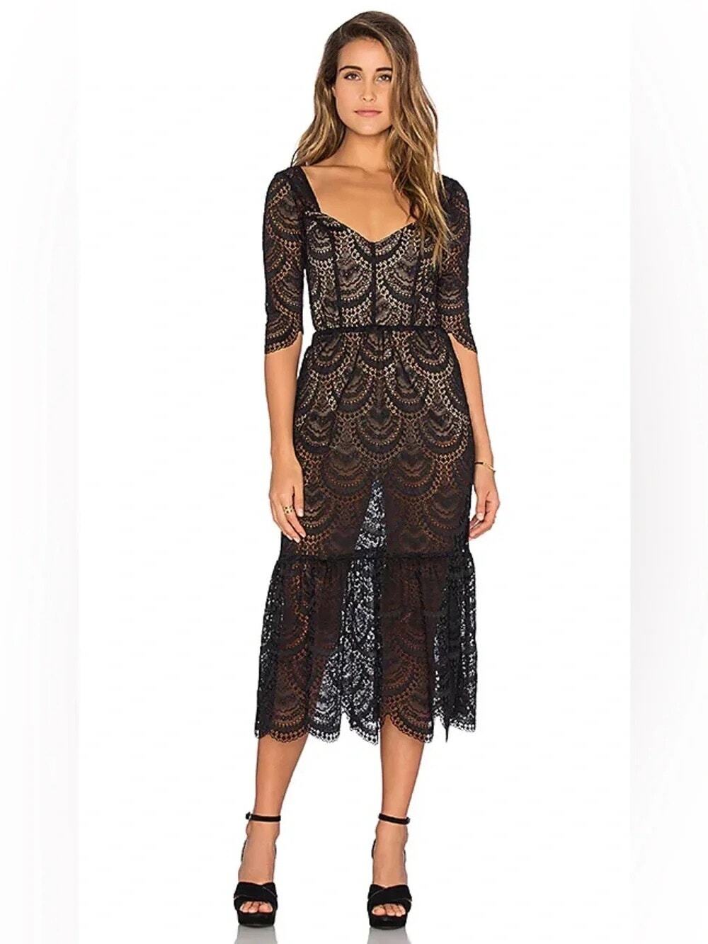 For Love & Lemons Black Lace Rosalita Midi Dress S Gothic Romance Wedding Guest